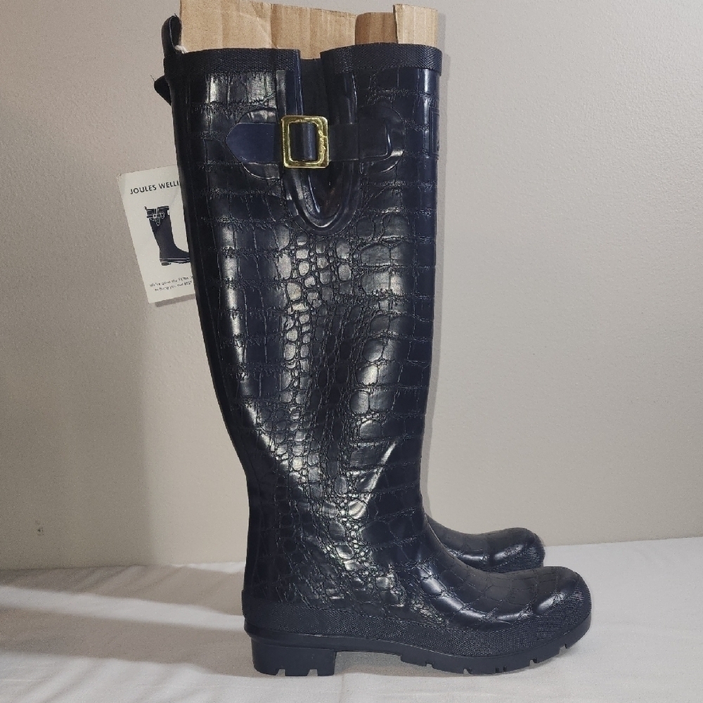 Black Croc-Embossed Tall Rain Boots